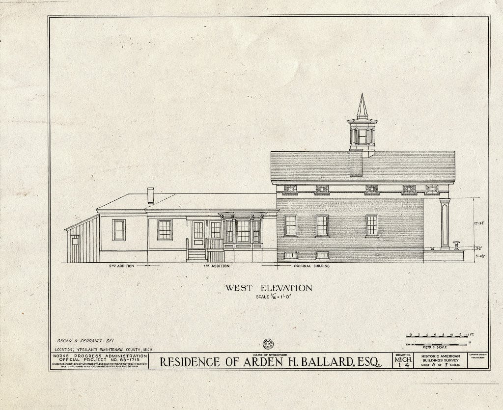 Blueprint 5. West Elevation - Arden H. Ballard House, 218 North Washington Street, Ypsilanti, Washtenaw County, MI