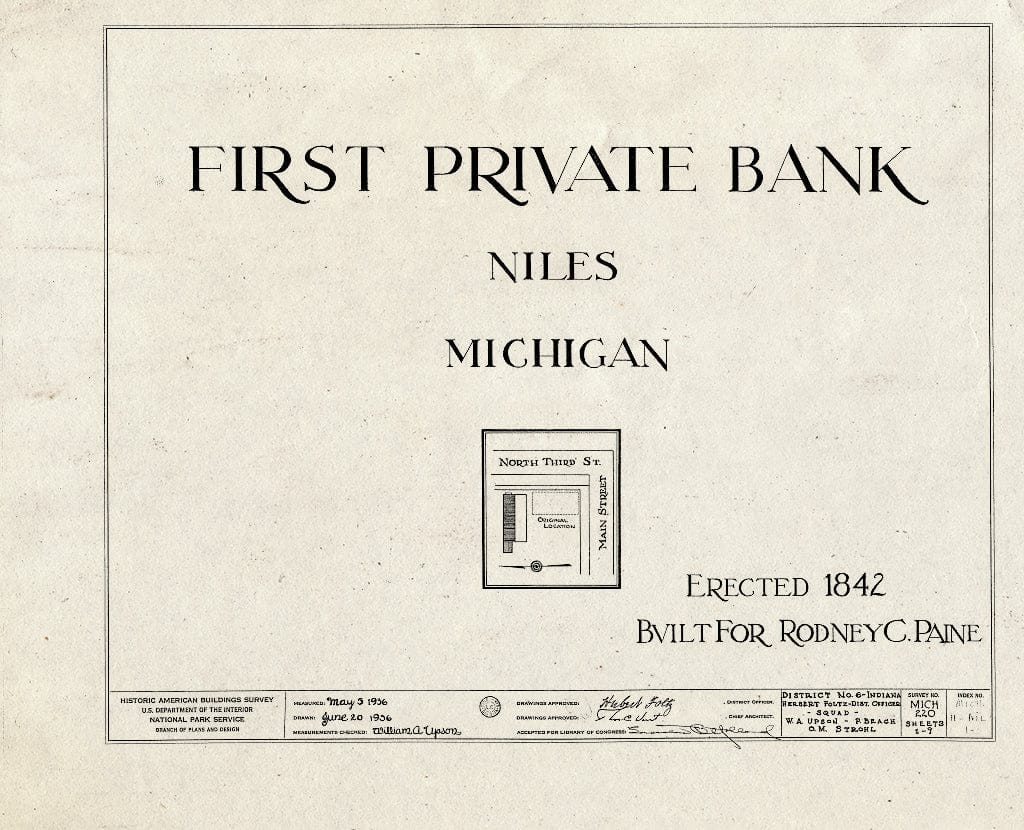 Blueprint HABS MICH,11-NI,1- (Sheet 0 of 9) - First Private Bank, 212 West Third Street, Niles, Berrien County, MI