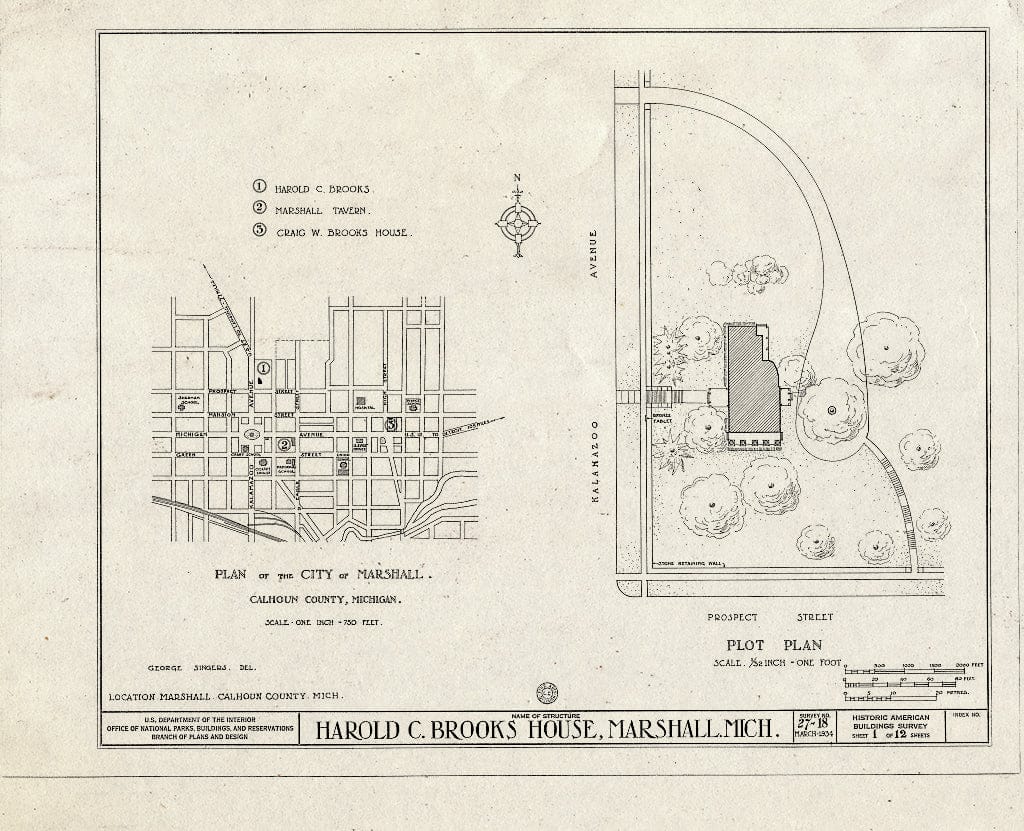 Blueprint HABS MICH,13-Marsh,1- (Sheet 1 of 12) - Harold Craig Brooks House, North Kalamazoo Avenue & Prospect Street, Marshall, Calhoun County, MI
