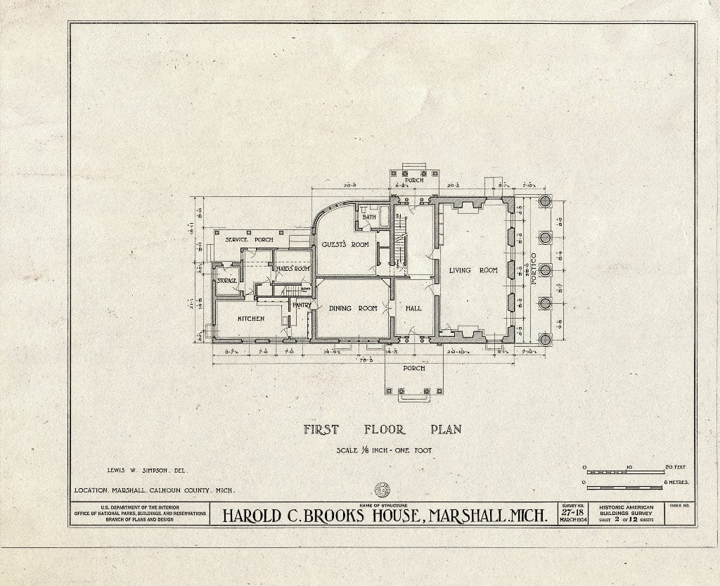 Blueprint HABS MICH,13-Marsh,1- (Sheet 2 of 12) - Harold Craig Brooks House, North Kalamazoo Avenue & Prospect Street, Marshall, Calhoun County, MI