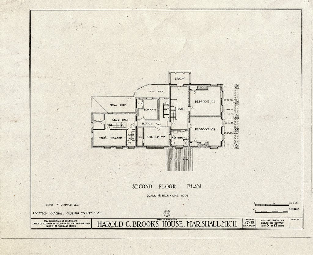 Blueprint HABS MICH,13-Marsh,1- (Sheet 3 of 12) - Harold Craig Brooks House, North Kalamazoo Avenue & Prospect Street, Marshall, Calhoun County, MI
