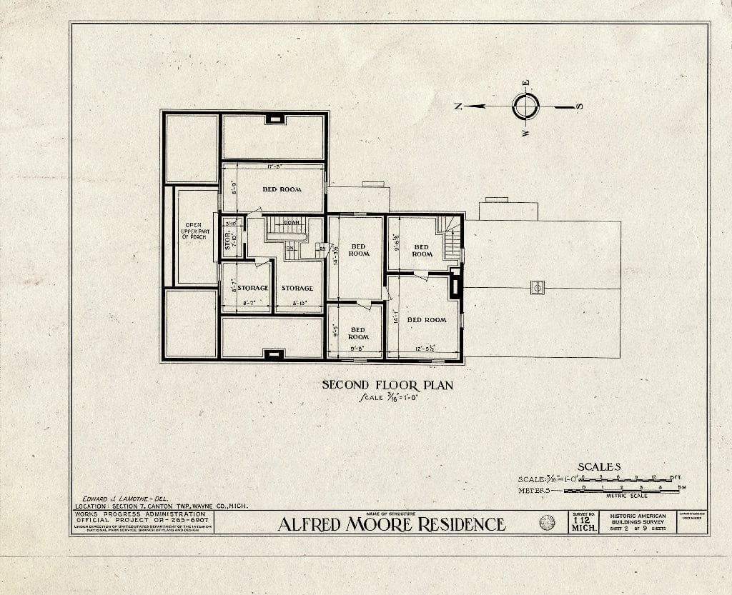 Blueprint 2. Second Floor Plan - Alfred Moore House, West Warren & Ridge Roads, Canton, Wayne County, MI