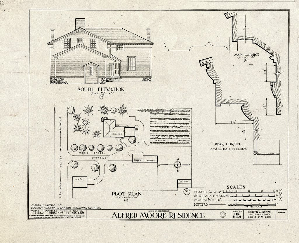 Blueprint 5. South Elevation, plot Plan, Main and Rear cornices - Alfr ...