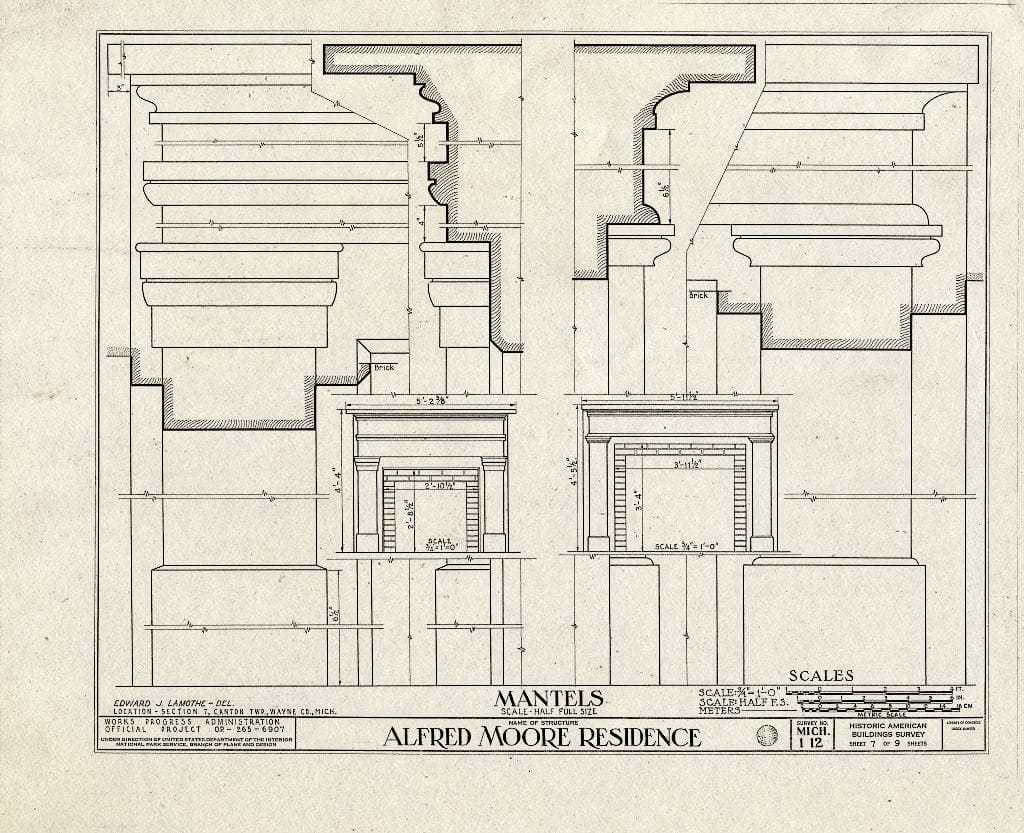 Blueprint 7. Mantels - Alfred Moore House, West Warren & Ridge Roads, Canton, Wayne County, MI