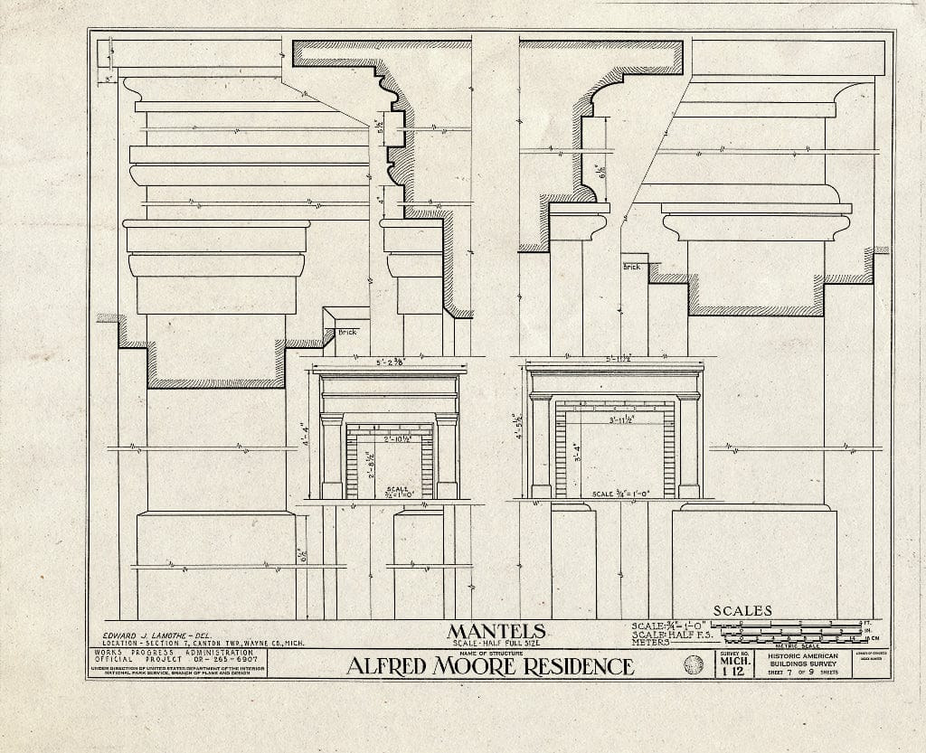 Blueprint 7. Mantels - Alfred Moore House, West Warren & Ridge Roads, Canton, Wayne County, MI