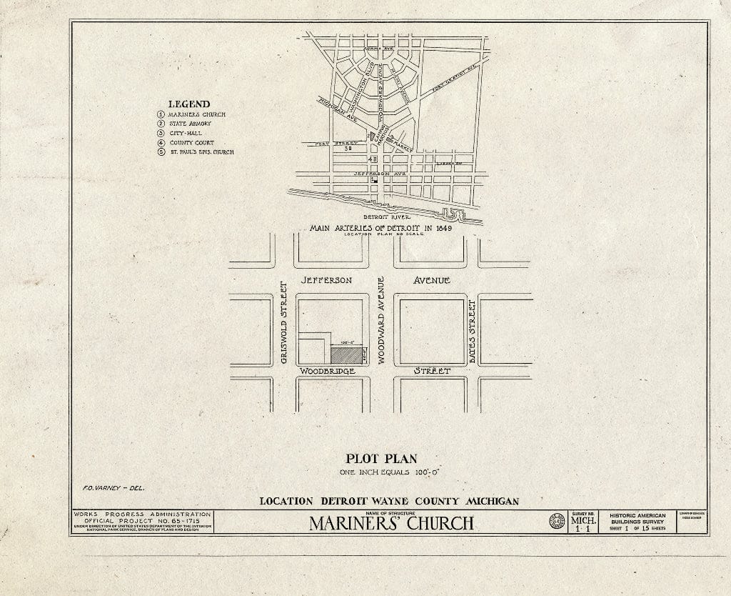 Blueprint HABS MICH,82-DETRO,3- (Sheet 1 of 15) - Mariner's Church, Woodward Avenue, 6 Woodbridge Street, Detroit, MI