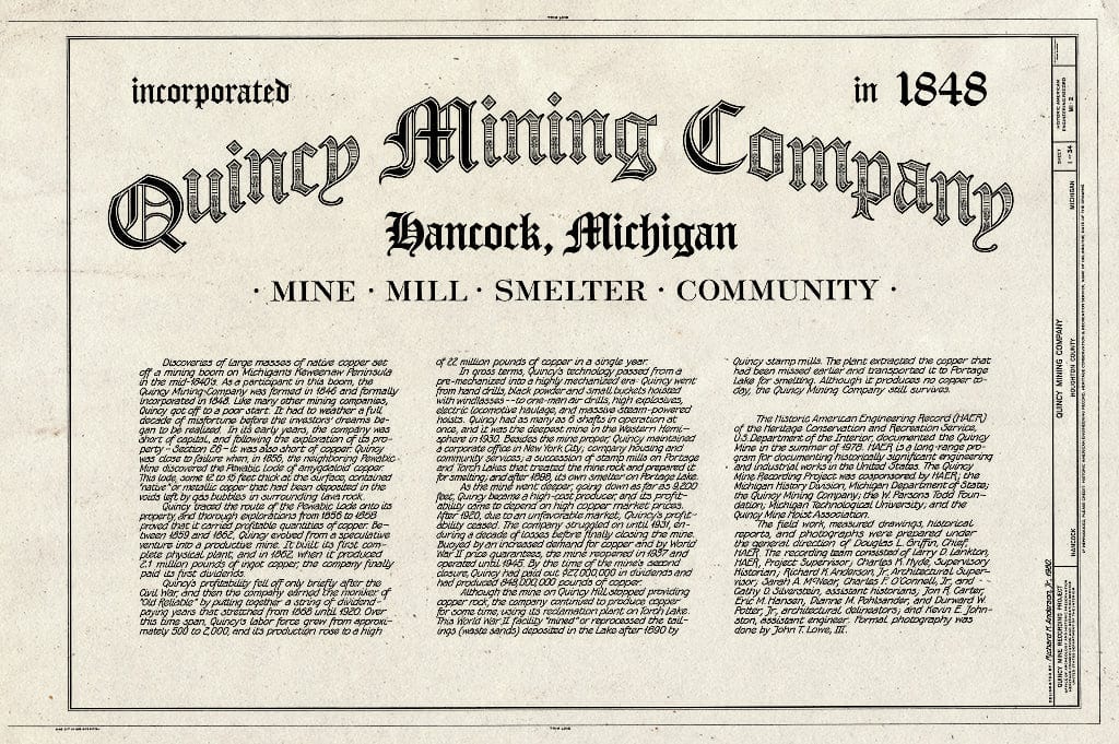 Blueprint HAER MICH,31-HANC,1- (Sheet 1 of 34) - Quincy Mining Company, Hancock, Houghton County, MI