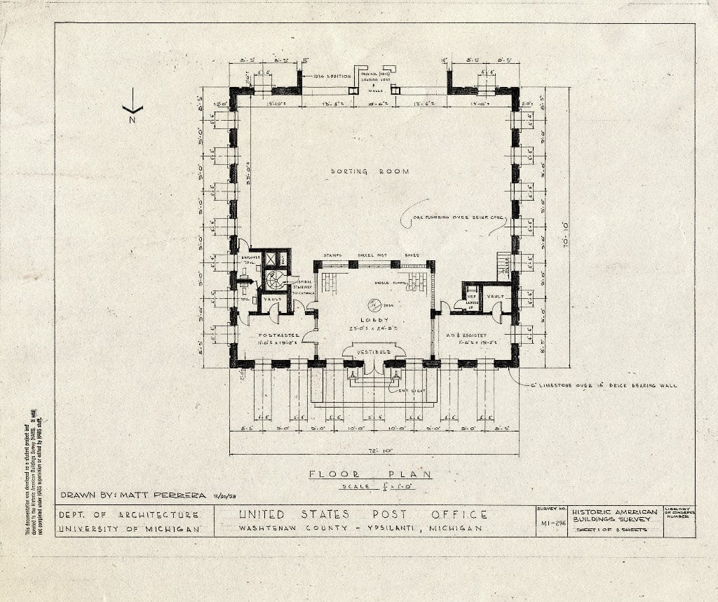 Blueprint HABS MICH,81-YPSI,3- (Sheet 1 of 3) - U. S. Post Office, Ypsilanti, Washtenaw County, MI