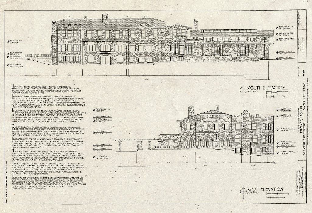 Blueprint South and West Elevations - Fair Lane Mansion, 4901 Evergreen Road, Dearborn, MI