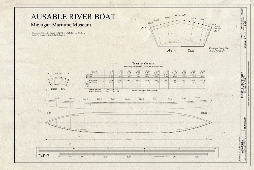 Blueprint 1. Plans and offsets Table - Au Sable River Boat, Michigan Maritime Museum, South Haven, Van Buren County, MI