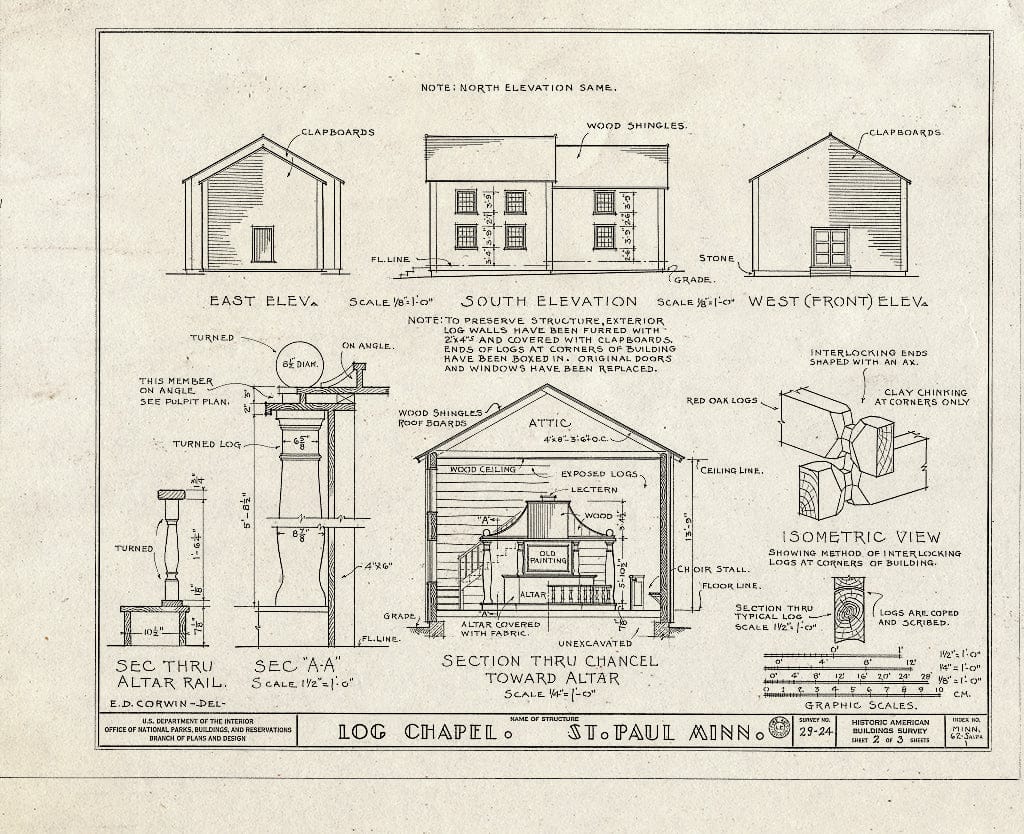 Blueprint 2. Elevations, Sections (chancel, Altar Rail, Typical Log), Isometric View of Interlocking logs - Log Chapel, Saint Paul, Ramsey County, MN