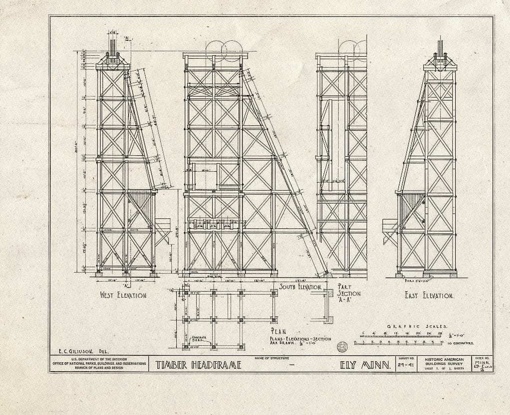 Blueprint HABS MINN,69-ELY.V,2- (Sheet 1 of 1) - Timber Headframe, Ely, St. Louis County, MN