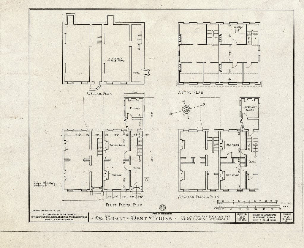 Blueprint HABS MO,96-SALU,2- (Sheet 1 of 4) - Grant-Dent House, 702 Fourth & Cerre Streets, Saint Louis, Independent City, MO
