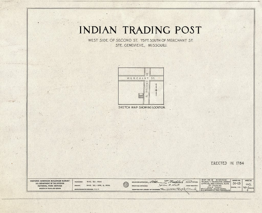 Blueprint HABS MO,97-SAIGEN,4- (Sheet 0 of 2) - Indian Trading Post, Second & Merchant Streets, Sainte Genevieve, Ste. Genevieve County, MO
