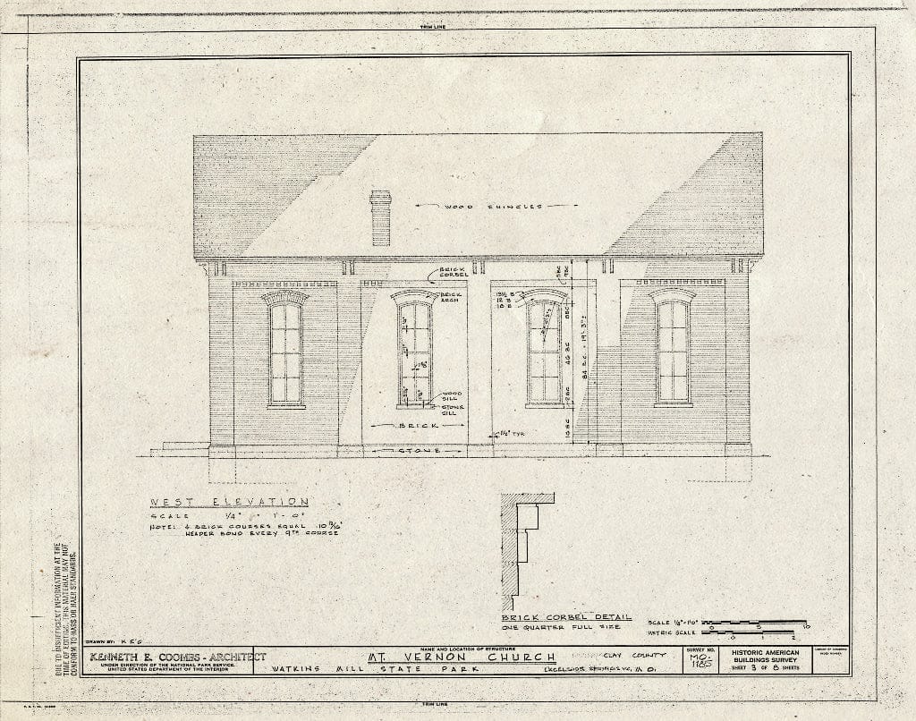 Blueprint HABS MO,24-EXPRI.V,2 (Sheet 3 of 8) - Mount Vernon Church, Watkins Mill State Park, Excelsior Springs, Clay County, MO