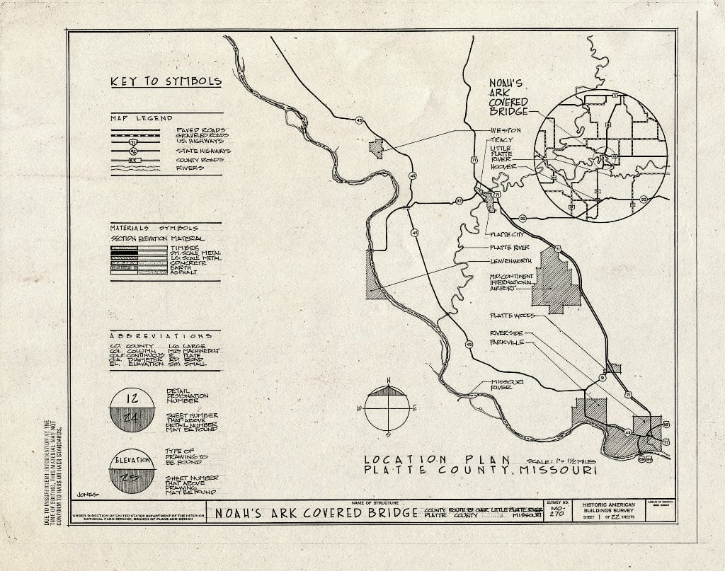Blueprint 1. Title Sheet - Noah's Ark Covered Bridge, County Route B Over Little Platte River, Hoover, Platte County, MO