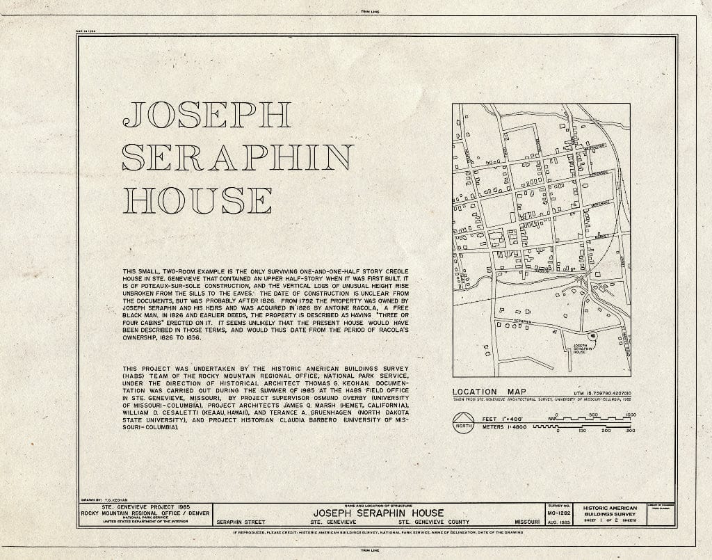Blueprint HABS MO,97-SAIGEN,32- (Sheet 1 of 2) - Joseph Seraphin House, 74 Seraphin Street, Sainte Genevieve, Ste. Genevieve County, MO
