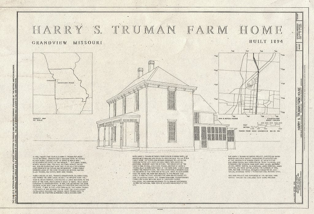 Blueprint HABS MO-1937 (Sheet 1 of 12) - Harry S. Truman Farm Home, 12302 Blue Ridge Boulevard, Grandview, Jackson County, MO
