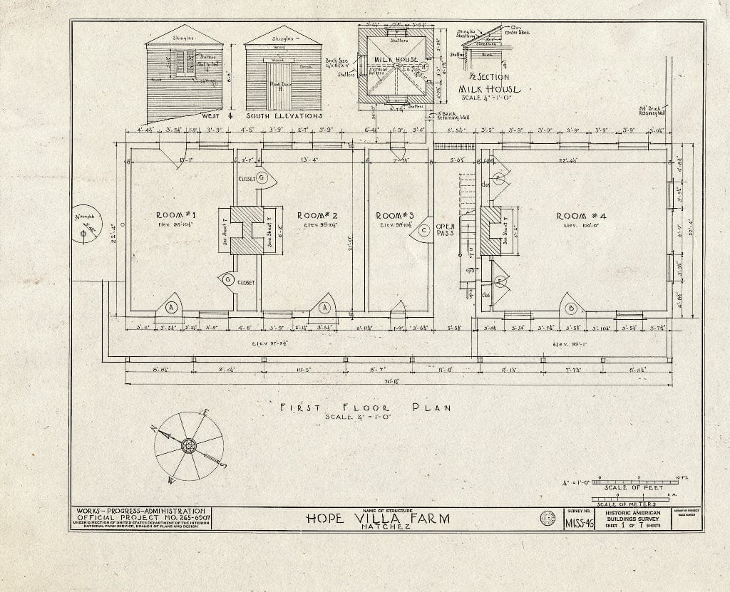 Blueprint HABS Miss,1-Natch.V,7- (Sheet 1 of 7) - Hope Farm (Villa), Auburn Avenue & Homochitto Street, Natchez, Adams County, MS