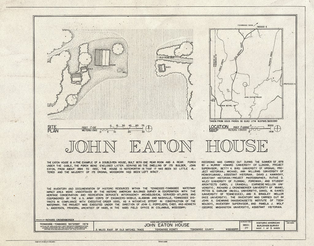 Blueprint HABS Miss,71-Tish.V,6- (Sheet 1 of 3) - John Eaton House, Old Natchez Trace Vicinity, Tishomingo, Tishomingo County, MS