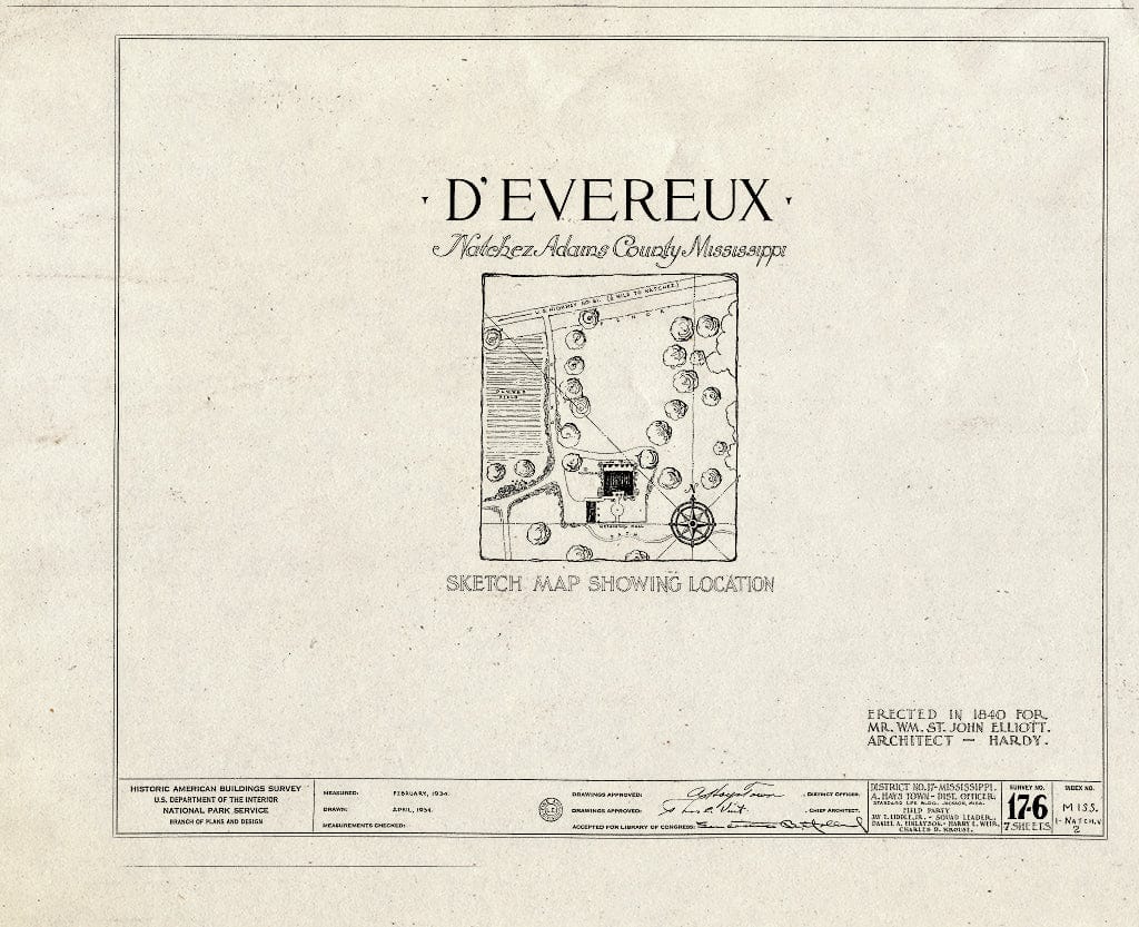 Blueprint HABS Miss,1-Natch.V,2- (Sheet 0 of 7) - D'Evereux, Natchez, Adams County, MS