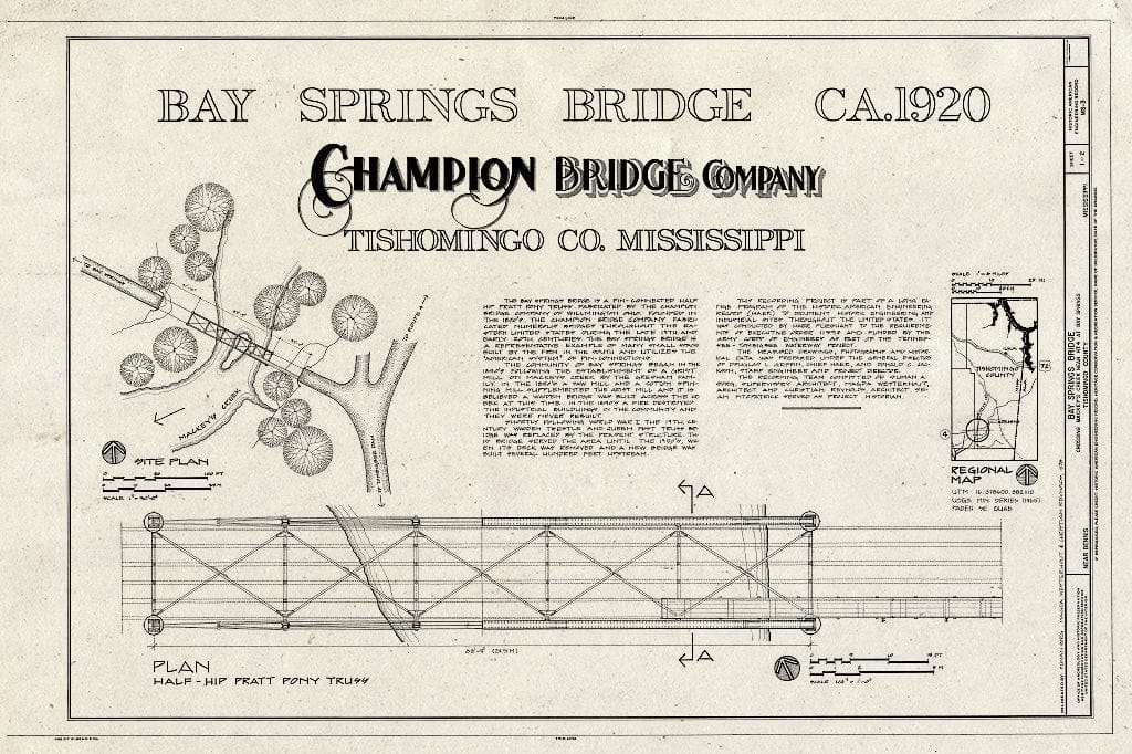 Blueprint Bay Springs Bridge, ca. 1920, Title Sheet - Bay Springs Bridge, Spanning Mackey's Creek, Dennis, Tishomingo County, MS