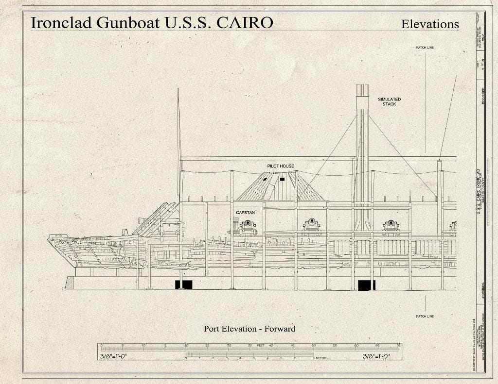Blueprint Port Elevation - Forward - U.S.S. Cairo Ironclad, Vicksburg, Warren County, MS