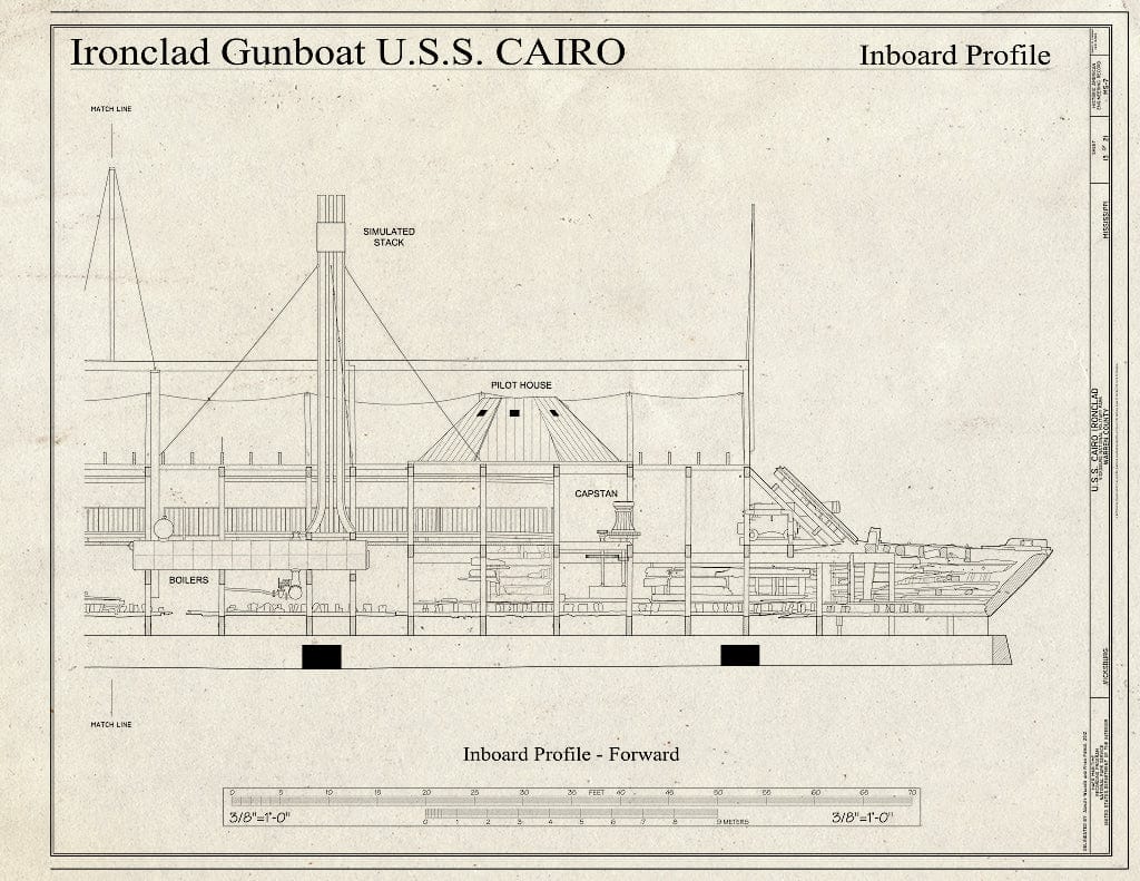 Blueprint Inboard Profile - Forward - U.S.S. Cairo Ironclad, Vicksburg, Warren County, MS