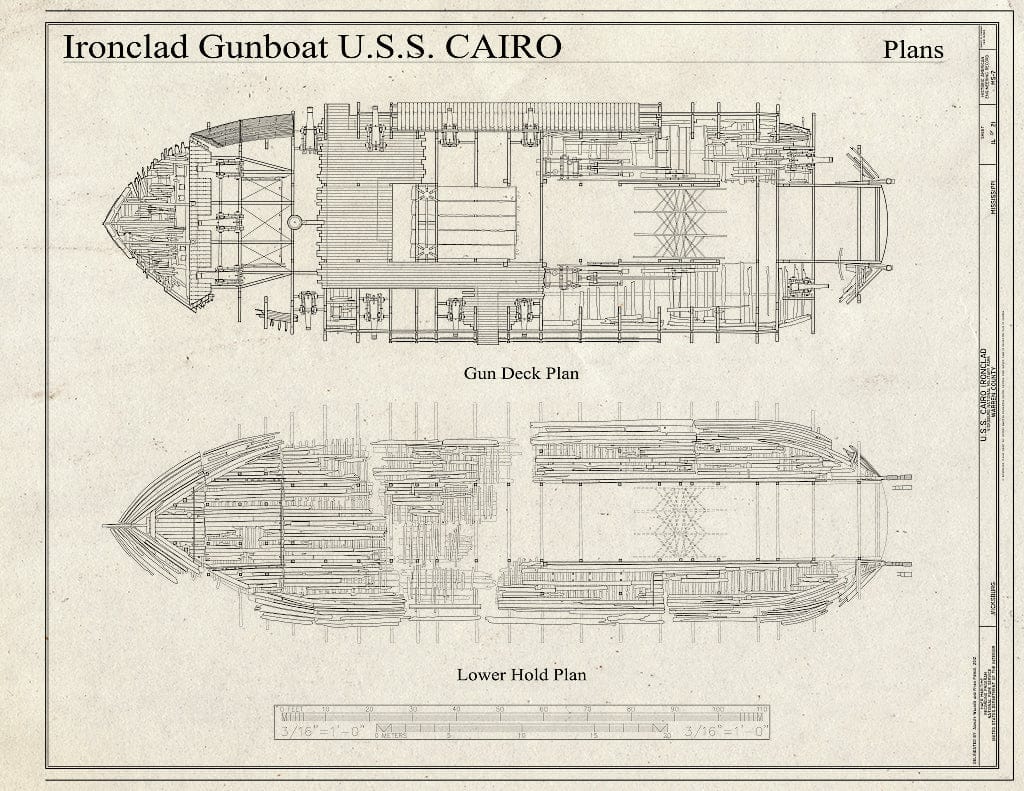 Blueprint Gun Deck Plan, Lower Hold Plan - U.S.S. Cairo Ironclad, Vicksburg, Warren County, MS