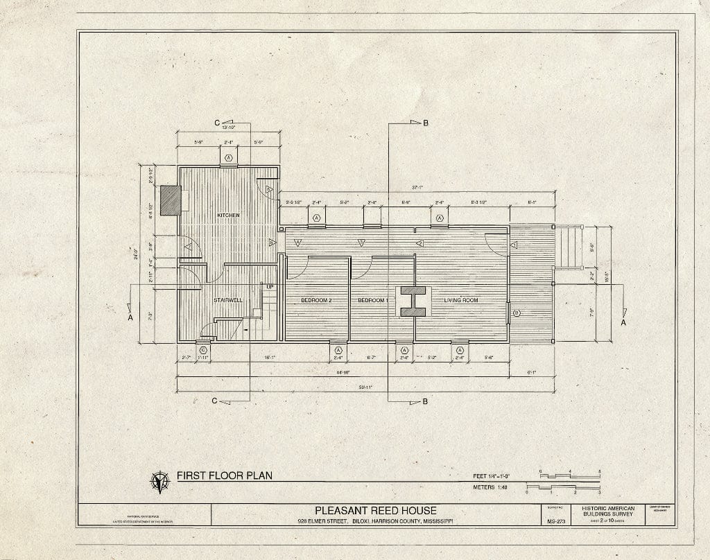 Historic Pictoric : Blueprint First Floor Plan - Pleasant Reed House, 386 Beach Boulevard (Moved from 928 Elmer Street), Biloxi, Harrison County, MS