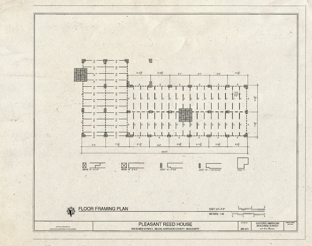 Historic Pictoric : Blueprint Floor framing Plan - Pleasant Reed House, 386 Beach Boulevard (Moved from 928 Elmer Street), Biloxi, Harrison County, MS