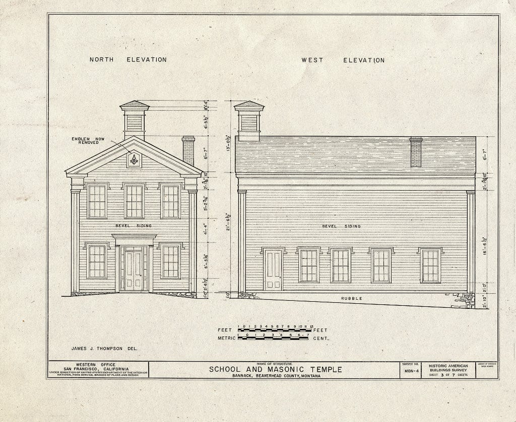 Historic Pictoric : Blueprint HABS Mont,1-BRAN,1- (Sheet 3 of 7) - School & Masonic Temple, South Side of Main Street, Bannack, Beaverhead County, MT