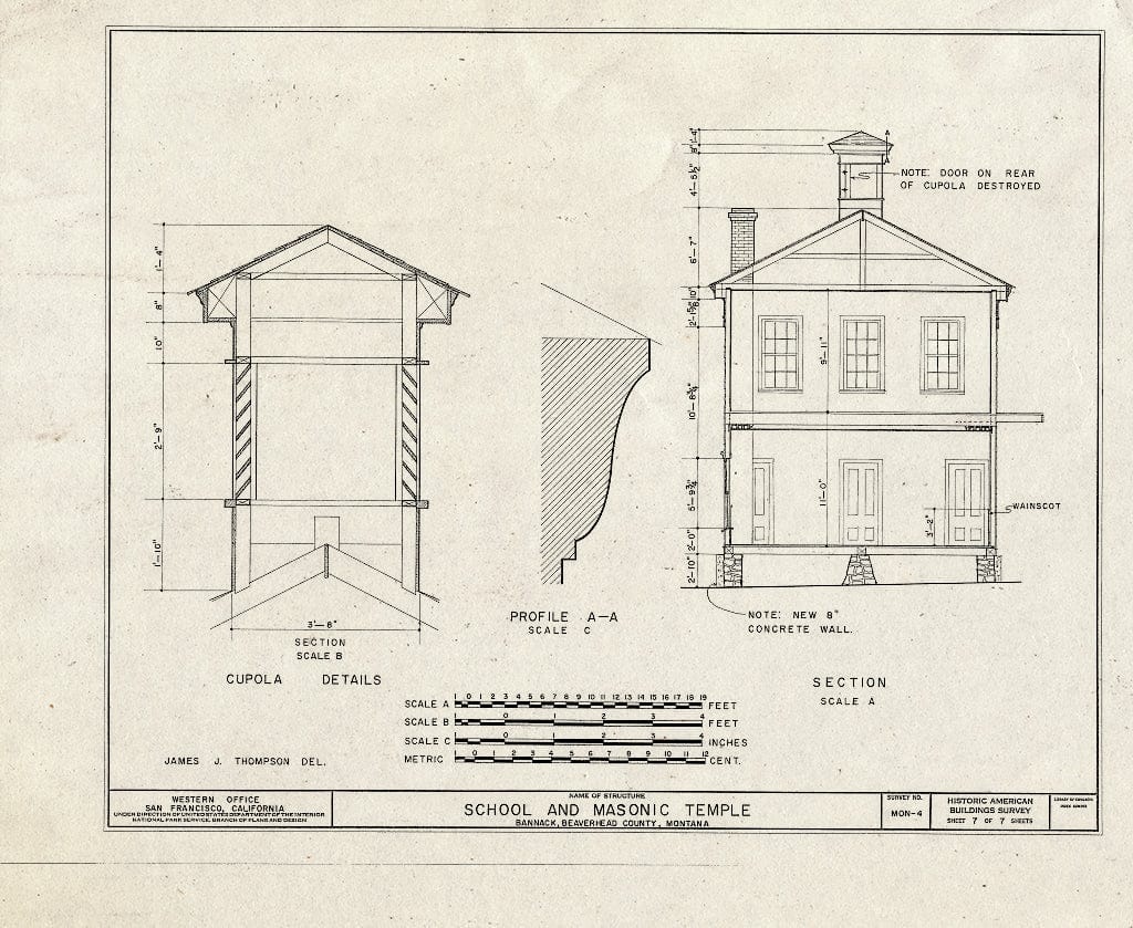 Historic Pictoric : Blueprint HABS Mont,1-BRAN,1- (Sheet 7 of 7) - School & Masonic Temple, South Side of Main Street, Bannack, Beaverhead County, MT