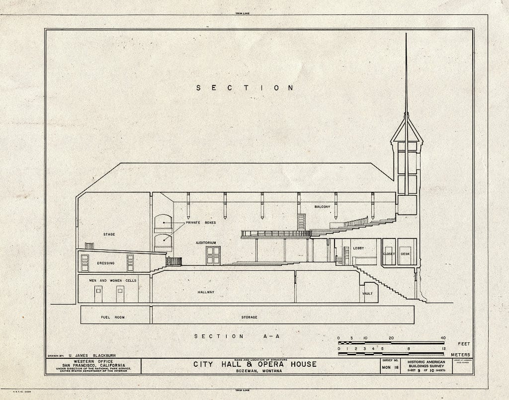 Historic Pictoric : Blueprint HABS Mont,16-BOZ,1- (Sheet 9 of 10) - City Hall & Opera House, Rouse Avenue & East Main Street, Bozeman, Gallatin County, MT