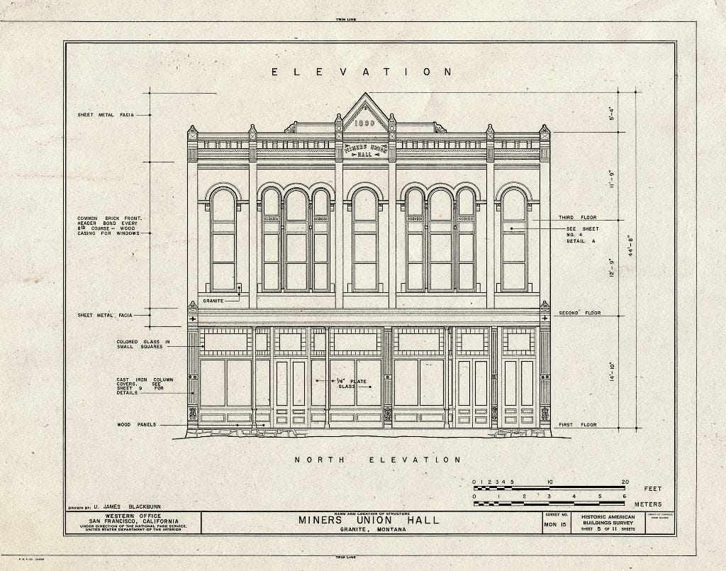 Historic Pictoric : Blueprint HABS Mont,20-GRANI,1- (Sheet 5 of 11) - Miners Union Hall, Main Street, Granite, Granite County, MT