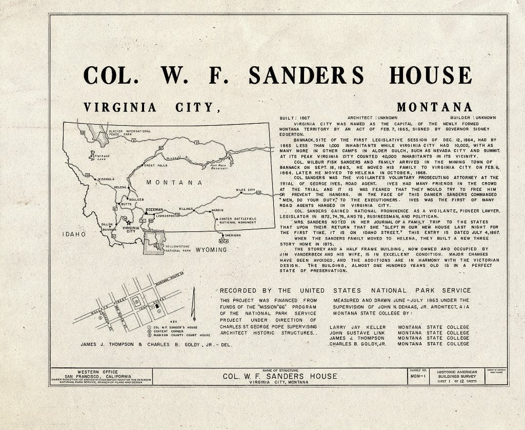 Historic Pictoric : Blueprint HABS Mont,29-VIRG,1- (Sheet 1 of 12) - Colonel W.F. Sanders House, Idaho Street, Virginia City, Madison County, MT