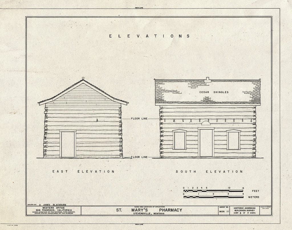 Historic Pictoric : Blueprint HABS Mont,41-STEV,2- (Sheet 3 of 7) - St. Mary's Pharmacy, Stevensville, Ravalli County, MT