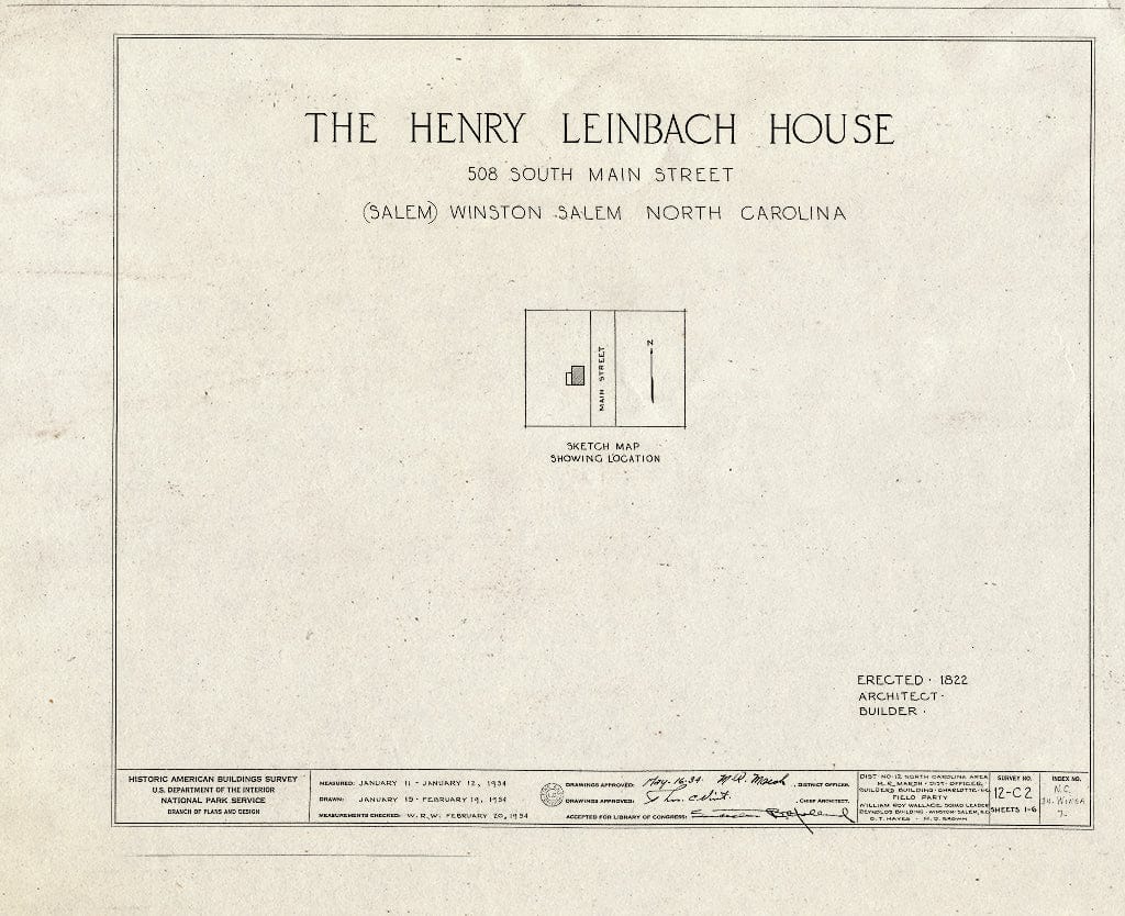 Historic Pictoric : Blueprint HABS NC,34-WINSA,7- (Sheet 0 of 6) - Henry Leinbach House, 508 South Main Street, Winston-Salem, Forsyth County, NC