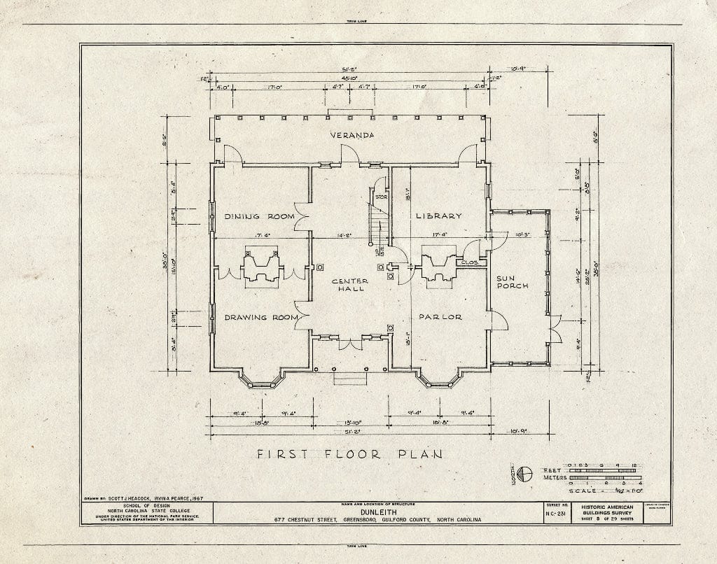 Historic Pictoric : Blueprint HABS NC,41-GREBO,1- (Sheet 5 of 29) - Dunleith, 677 Chestnut Street, Greensboro, Guilford County, NC