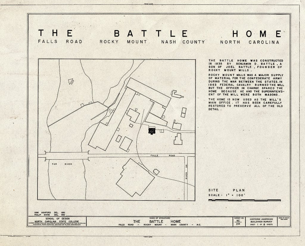 Historic Pictoric : Blueprint 1. Cover Sheet - Battle House, NC Route 43-48 (Falls Road), Rocky Mount, Nash County, NC