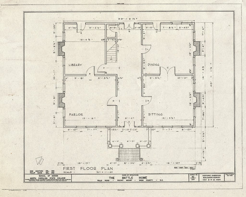 Historic Pictoric : Blueprint 2. First Floor Plan - Battle House, NC Route 43-48 (Falls Road), Rocky Mount, Nash County, NC