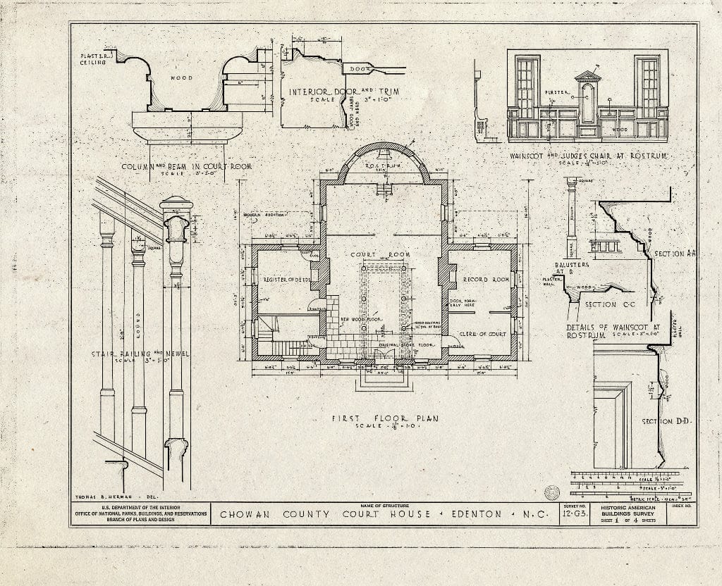 Historic Pictoric : Blueprint HABS NC,21-EDET,2- (Sheet 1 of 4) - Chowan County Courthouse, East King Street, Edenton, Chowan County, NC