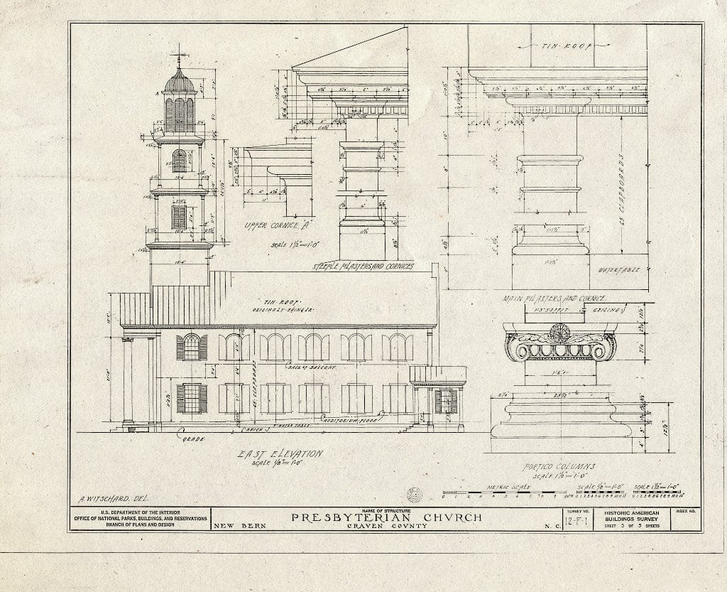 Historic Pictoric : Blueprint HABS NC,25-NEBER,1- (Sheet 3 of 5) - First Presbyterian Church, New & Middle Streets, New Bern, Craven County, NC