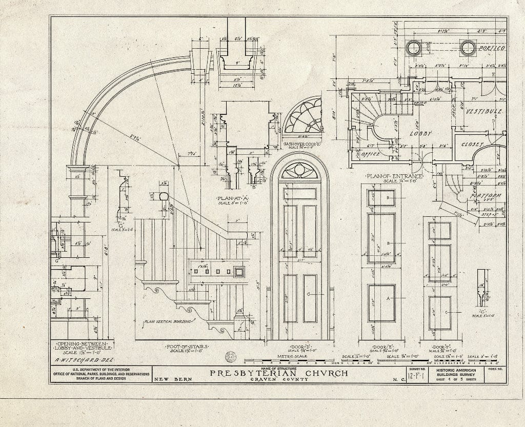Historic Pictoric : Blueprint HABS NC,25-NEBER,1- (Sheet 4 of 5) - First Presbyterian Church, New & Middle Streets, New Bern, Craven County, NC