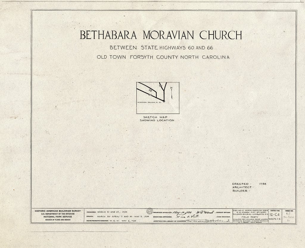 Historic Pictoric : Blueprint HABS NC,34-OLTO,1- (Sheet 0 of 6) - Bethabara Moravian Church, 2147 Bethabara Road (State Route 1681), Old Town, Forsyth County, NC