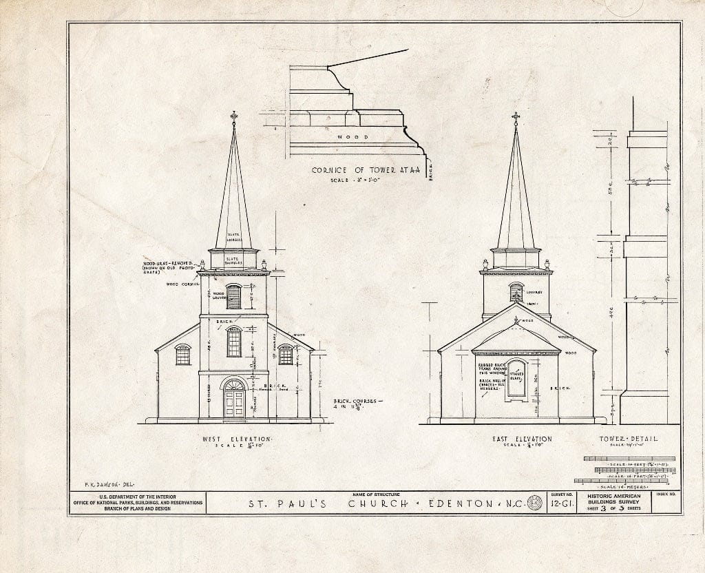 Historic Pictoric : Blueprint HABS NC,21-EDET,1- (Sheet 3 of 5) - St. Paul's Episcopal Church, West Church & North Broad Streets, Edenton, Chowan County, NC