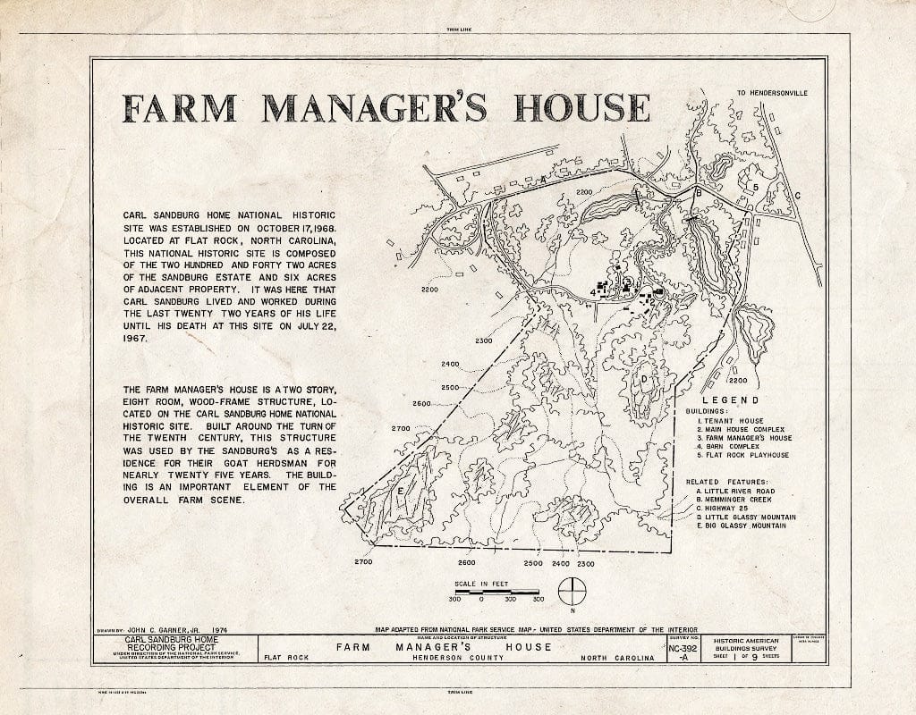 Historic Pictoric : Blueprint HABS NC,45-FLARO,3A- (Sheet 1 of 9) - Carl Sandburg Home, Farm Manager's House, Flat Rock, Henderson County, NC