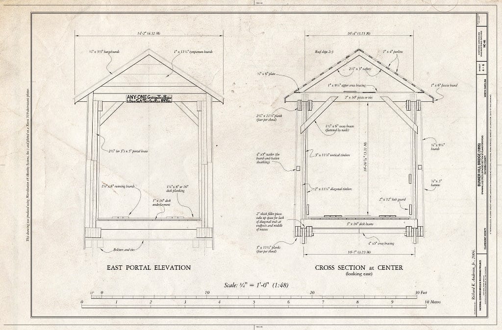 Historic Pictoric : Blueprint East Portal Elevation; Cross Section at Center - Bunker Hill Bridge, Spanning Lyle Creek, bypassed Section of Island Ford Road, Claremont, Catawba County, NC