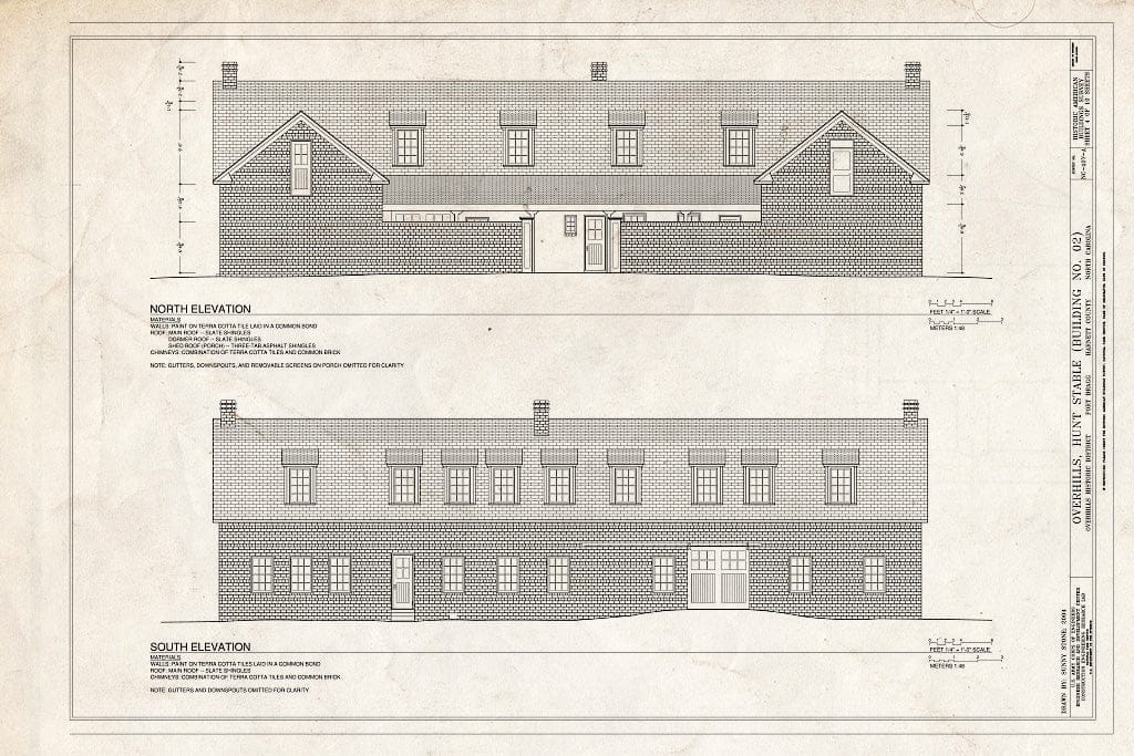 Historic Pictoric : Blueprint North & South Elevations - Overhills, Hunt Stable, East of Nursery Road, Overhills, Harnett County, NC