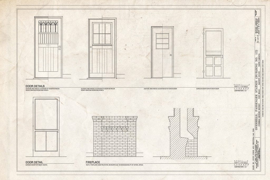 Historic Pictoric : Blueprint Door Details and Fireplace - Overhills, Passenger Station, West of Nursery Road & North of Thurman Road, Overhills, Harnett County, NC